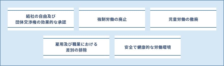 1.結社の自由及び団体交渉権の効果的な承認、2.強制労働の廃止、3.児童労働の撤廃、4.雇用及び職業における差別の排除、5.安全で健康的な労働環境