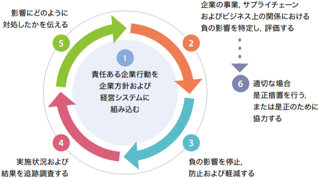 本マニュアルは6つの章で構成されており、それぞれの章はOECDの責任ある企業行動のためのデュー・ディリジェンス・ガイダンスの6つの章に対応した構成となっています。本マニュアルに沿ってデュー・ディリジェンスを進めることで、OECDガイダンスの要求事項を満たした運用が可能となるよう意図しています。